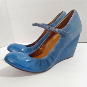 Anthro Leifnotes blue suede Mary Jane wedges